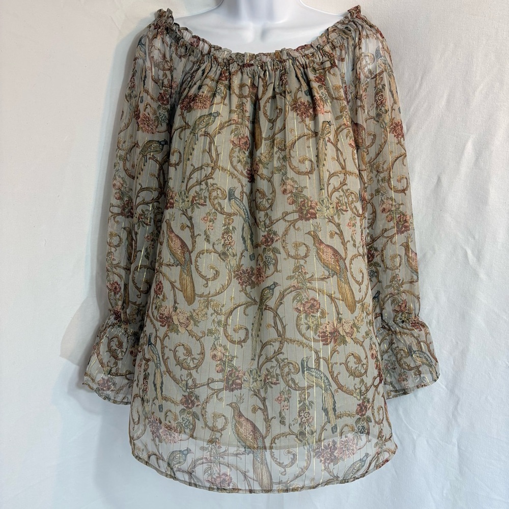 Soft Surroundings Aitana Blouse Bird Floral Sheer Boho Top L - Picture 10 of 10